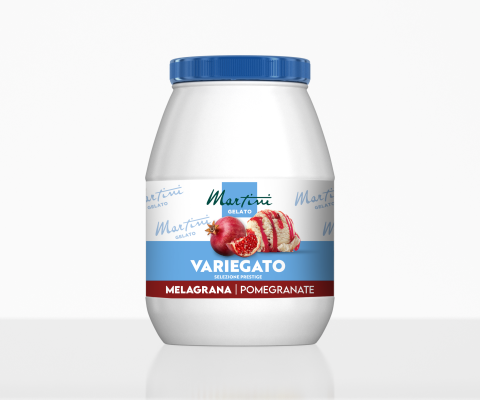 Fehér doboz kék fedéllel, Martini Gelato Variegato, Melagrana gránátalma, fagylaltgombóccal és gránátalmával