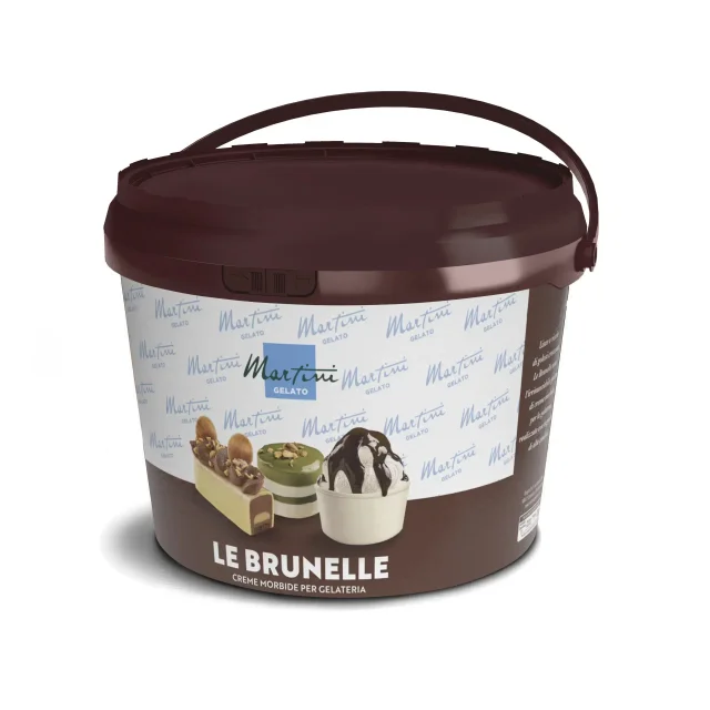 Barna vödör Martini Gelato "Le Brunelle" soft krém, ismétlődő logós címkével és desszertfotókkal.