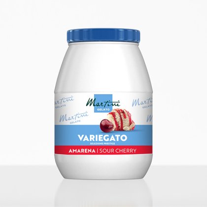Fehér műanyag tégely Martini Gelato Variegato Amarena, kék tetővel és meggyes címkével.