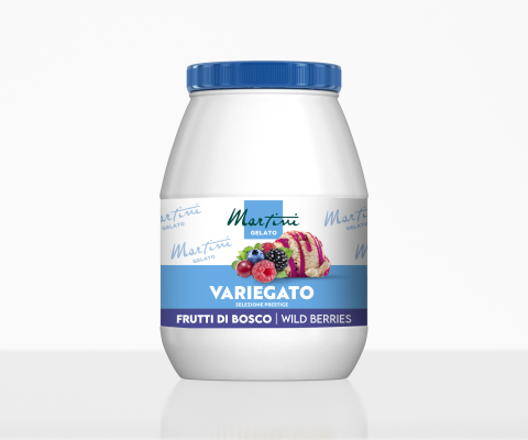 Fehér műanyag doboz kék tetővel, Martini Gelato Variegato Frutti di Bosco felirattal, bogyós gyümölcsök és fagylalt