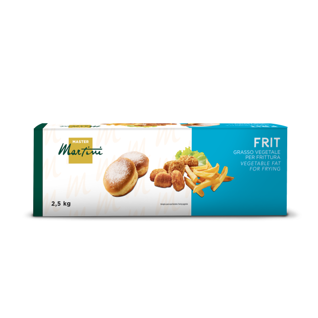 Master Martini FRIT növényi sütőzsír doboza, 2,5 kg, porcukros fánkokkal, rántott nuggetekkel és hasábburgonyával.