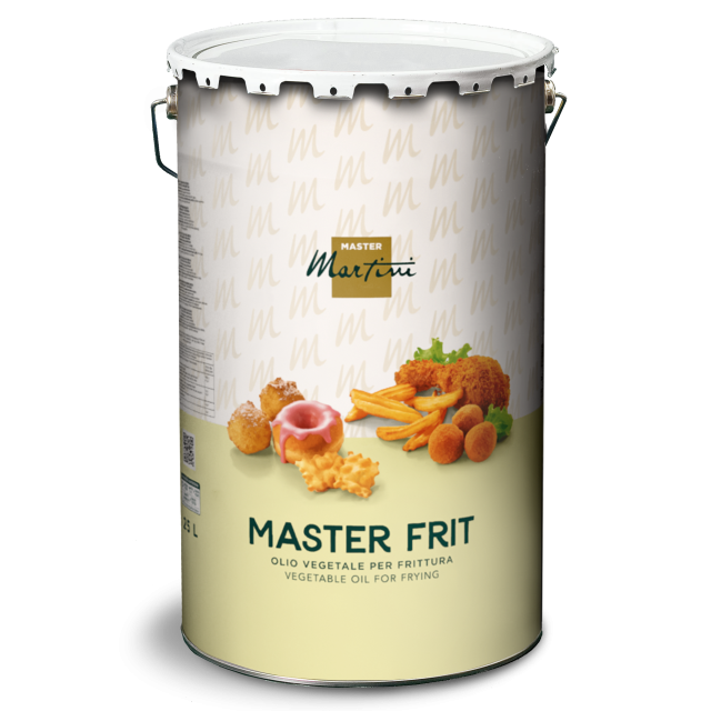 Master Martini "Master Frit" sütőolaj fém kanna, sült ételek képeivel bézs színű címkén, 25L.