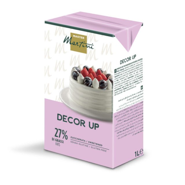 Master Martini Decor Up édesített habtejszín, 27% zsír, gluténmentes, 1 literes rózsaszín doboz tortaképpel