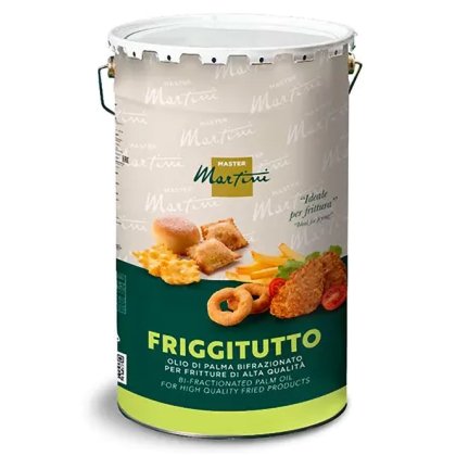 Master Martini Friggitutto bifrakcionált pálmaolaj fémvödörben, zöld címkén sült ételek képeivel.