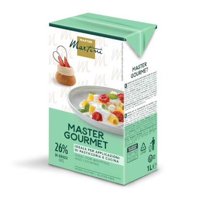 1L-es doboz Master Martini Master Gourmet tejszín, 26% zsír, gluténmentes, cukrászati és konyhai célra.