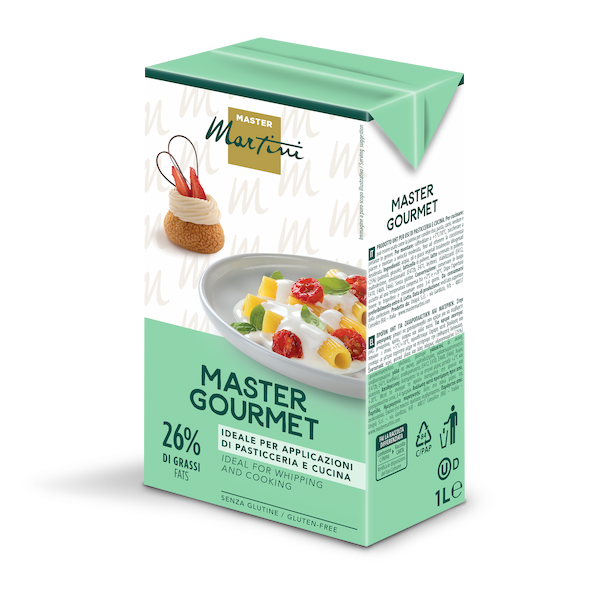 1L-es doboz Master Martini Master Gourmet tejszín, 26% zsír, gluténmentes, cukrászati és konyhai célra.