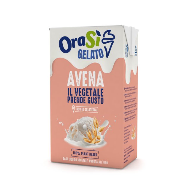 OraSì Gelato Avena Tetra Pak doboz, őszibarack színű, 100% növényi alapú zabbázis fagylalthoz.