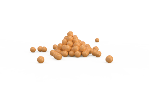Fényes, barnás gömbökből álló piramis fehér háttéren, néhány szétszórt gömbbel körülötte.