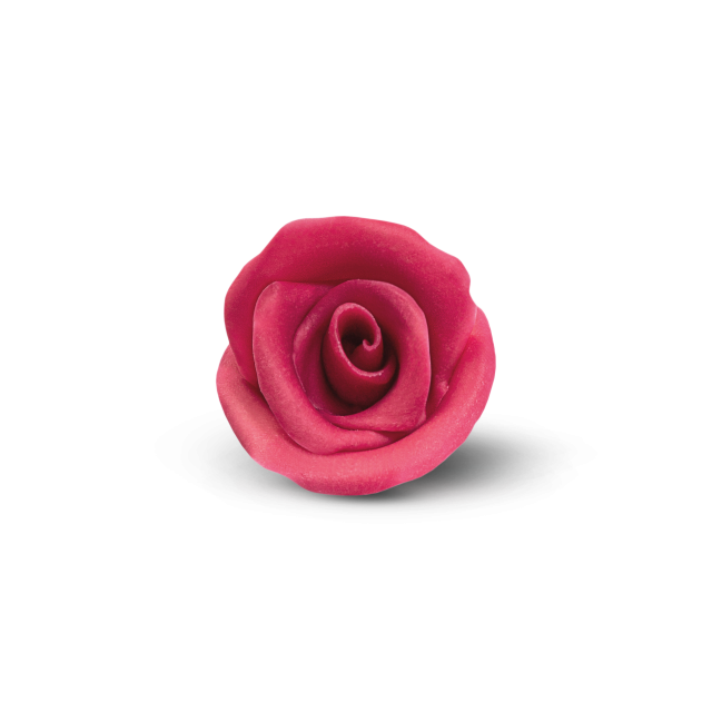 Egyetlen sötétrózsaszín rózsa, valószínűleg fondantból vagy virágpasztából, fehér háttéren.