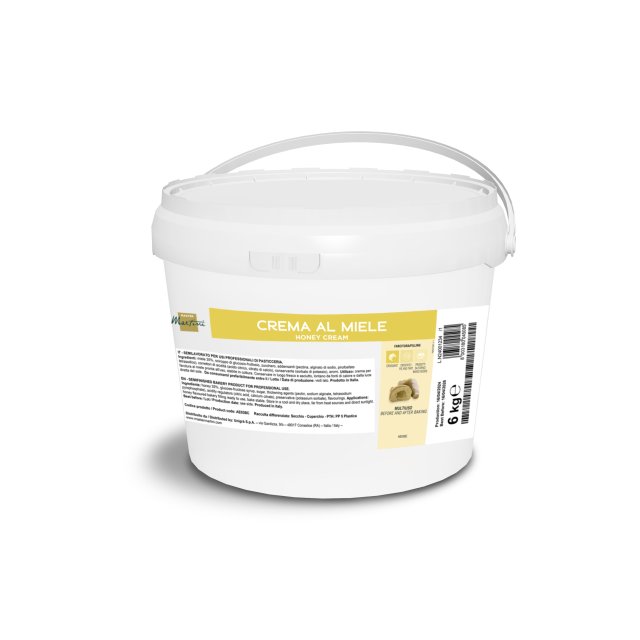 Fehér műanyag vödör, 6 kg, füllel, "Crema al Miele" felirattal, professzionális pékségek számára.