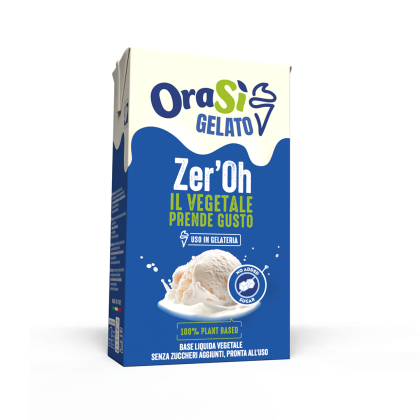 OraSì Gelato Zer'Oh növényi alapú folyékony bázis kék-fehér doboza, fagylaltkanál grafikával a címkén.